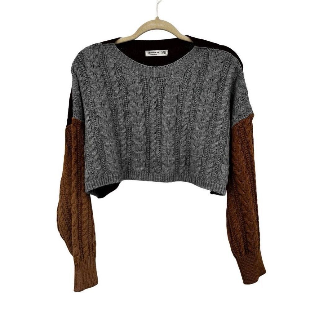 Stradivarius Cropped Color Block Cable Knit Sweater Brown/ Gray Size XS